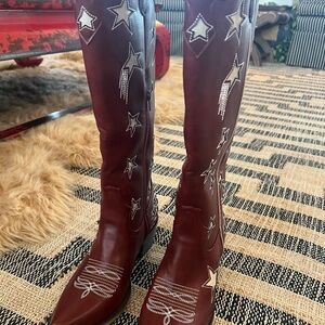 Star-Studded Burgundy Knee-High Boots